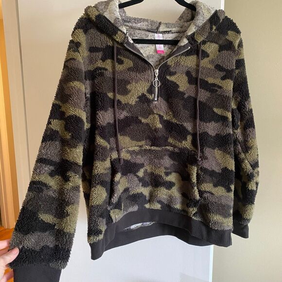 Camo Sherpa Fleece Hoodie Quarter Zip Sweatshirt XL No Boundaries - Picture 1 of 8